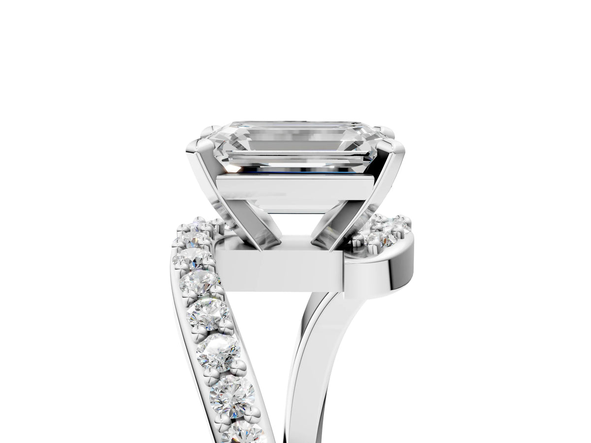 Platinum Emerald Cut Solitaire Twist Band with Pave Set Diamonds and Four-Prong Setting_17
