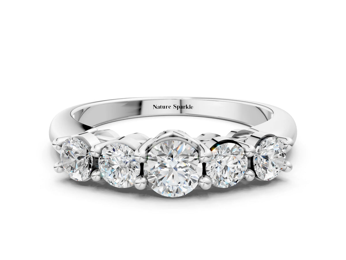 Platinum Five-Stone Round Brilliant Diamond Prong Set White Gold Band_12