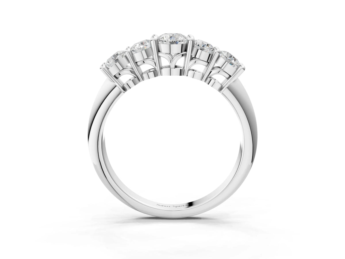 Platinum Five-Stone Round Brilliant Diamond Prong Set White Gold Band_15