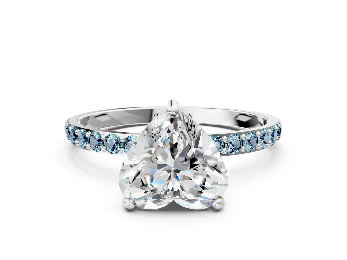 Platinum Heart Cut Diamond Solitaire Ring with Round Aquamarine Pavé Band and Prong Setting_12