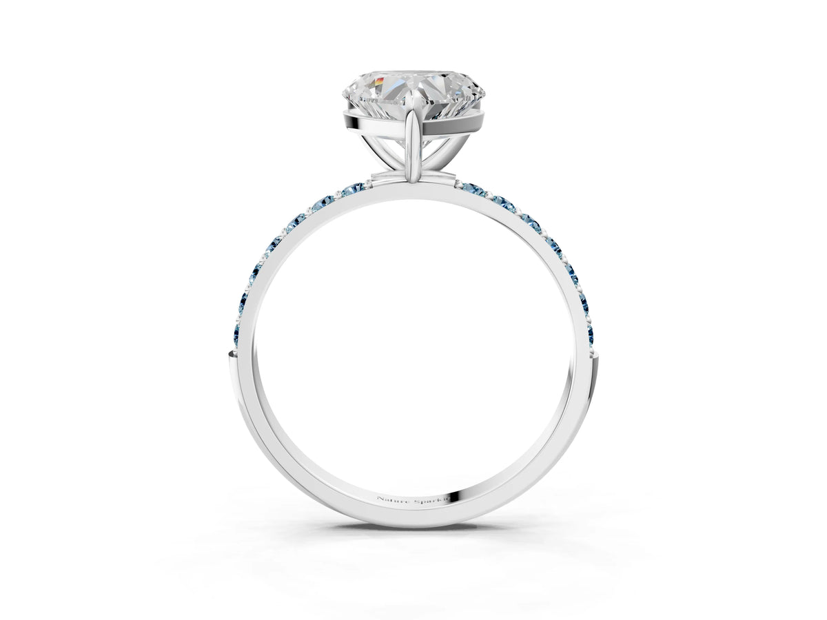 Platinum Heart Cut Diamond Solitaire Ring with Round Aquamarine Pavé Band and Prong Setting_15