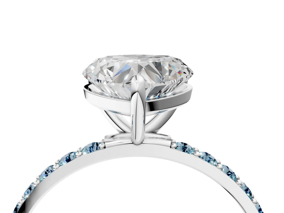 Platinum Heart Cut Diamond Solitaire Ring with Round Aquamarine Pavé Band and Prong Setting_16