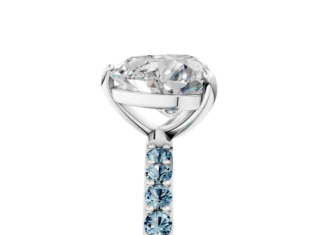 Platinum Heart Cut Diamond Solitaire Ring with Round Aquamarine Pavé Band and Prong Setting_17