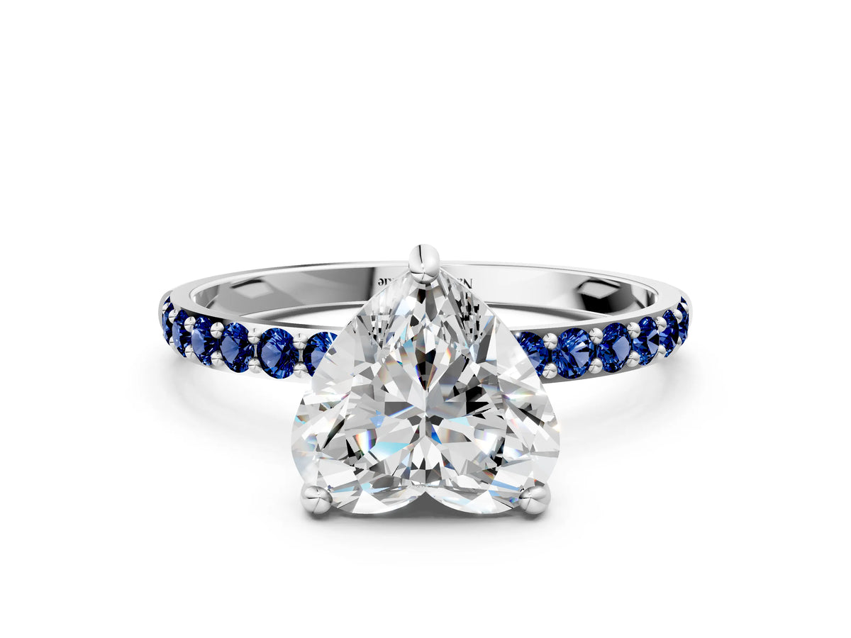 Platinum Heart Cut Diamond Solitaire Ring with Round Blue Sapphire Pavé Band and Prong Setting_12