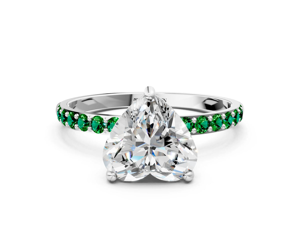 Platinum Heart Cut Diamond Solitaire Ring with Round Emerald Pavé Band and Prong Setting_12