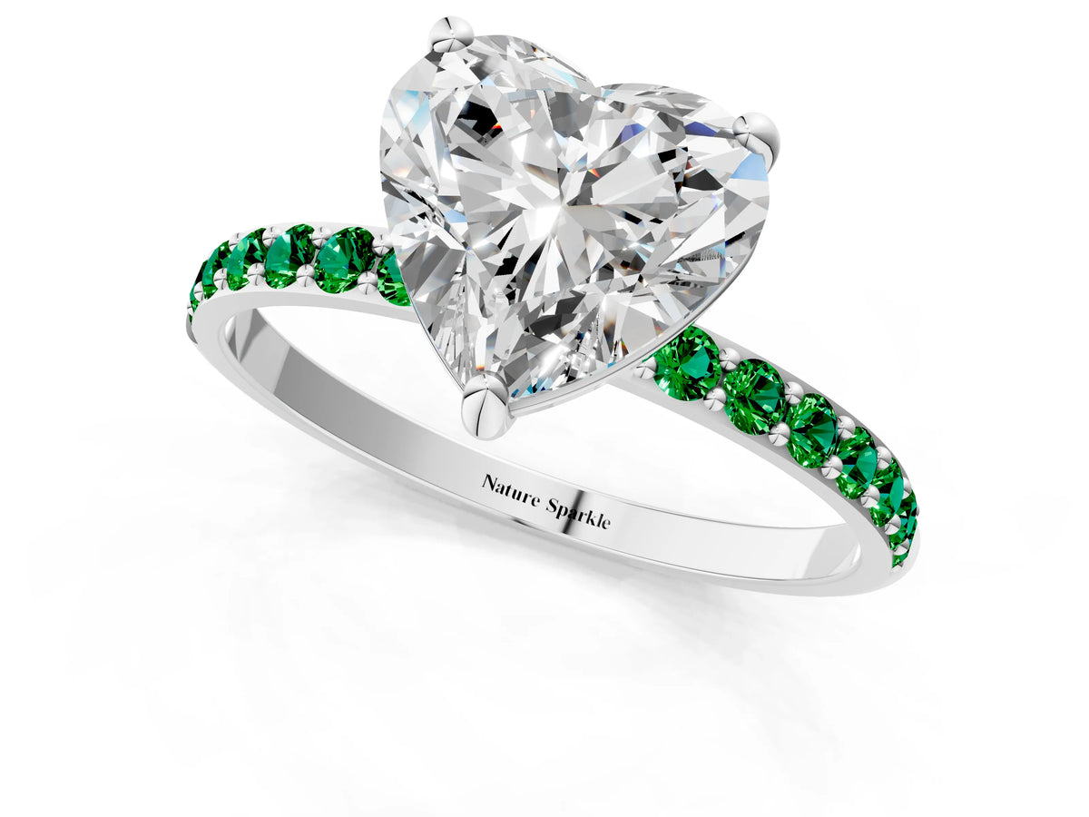 Platinum Heart Cut Diamond Solitaire Ring with Round Emerald Pavé Band and Prong Setting_13