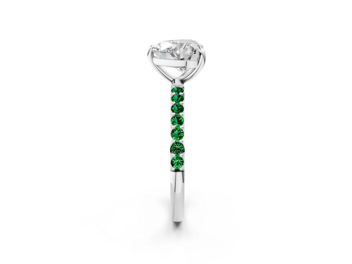 Platinum Heart Cut Diamond Solitaire Ring with Round Emerald Pavé Band and Prong Setting_14