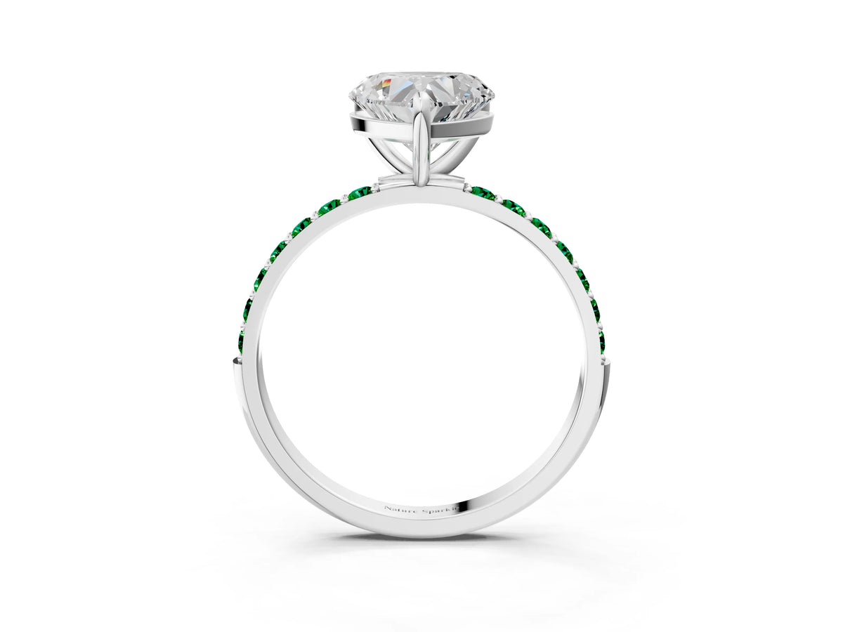 Platinum Heart Cut Diamond Solitaire Ring with Round Emerald Pavé Band and Prong Setting_15