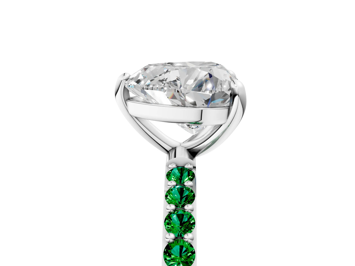 Platinum Heart Cut Diamond Solitaire Ring with Round Emerald Pavé Band and Prong Setting_17