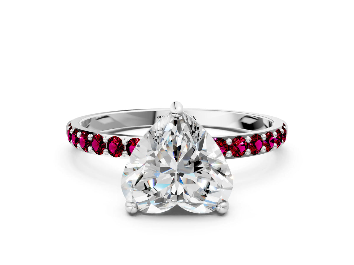 Platinum Heart Cut Diamond Solitaire Ring with Round Garnet Pavé Band and Prong Setting_12