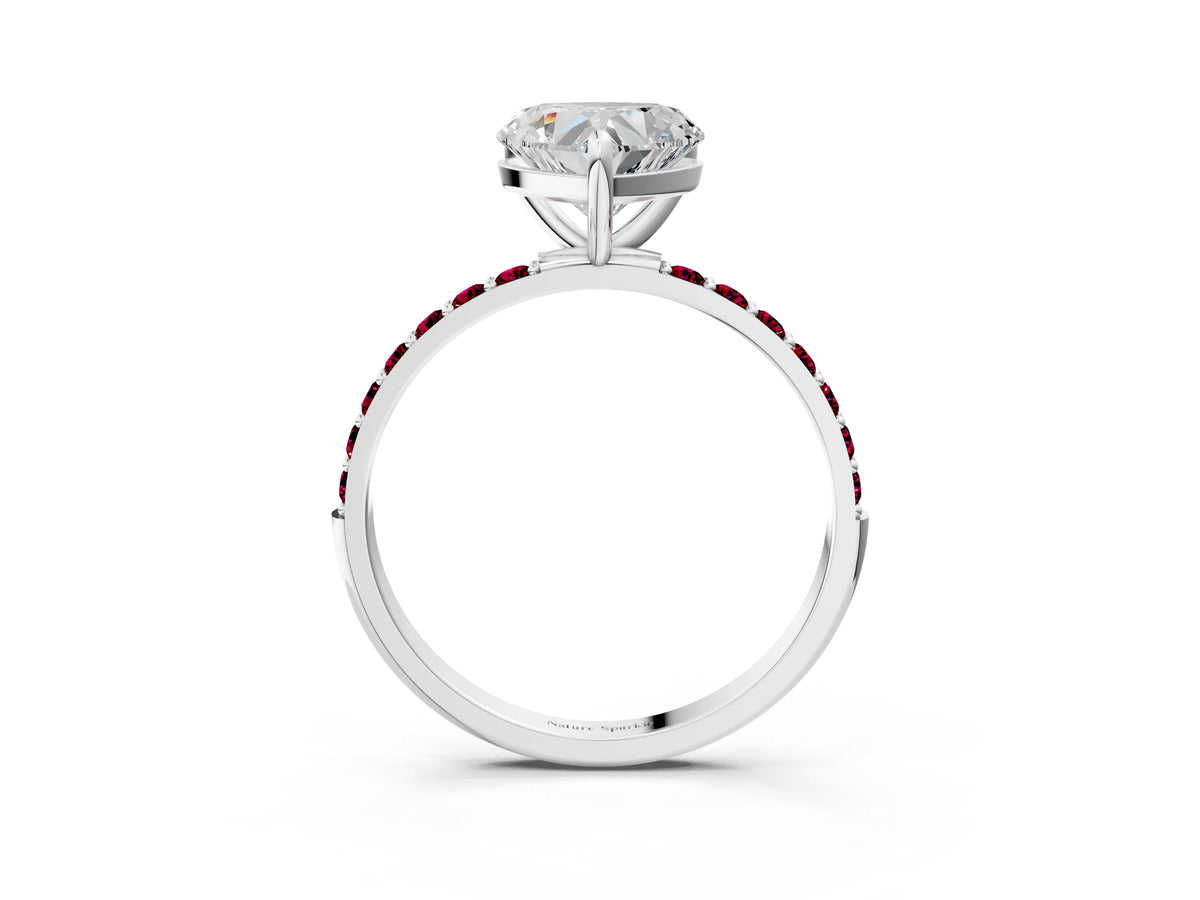 Platinum Heart Cut Diamond Solitaire Ring with Round Garnet Pavé Band and Prong Setting_15