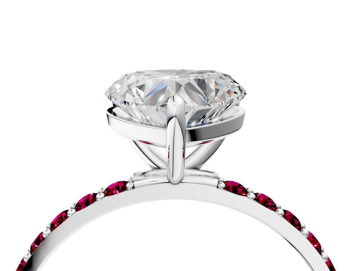 Platinum Heart Cut Diamond Solitaire Ring with Round Garnet Pavé Band and Prong Setting_16