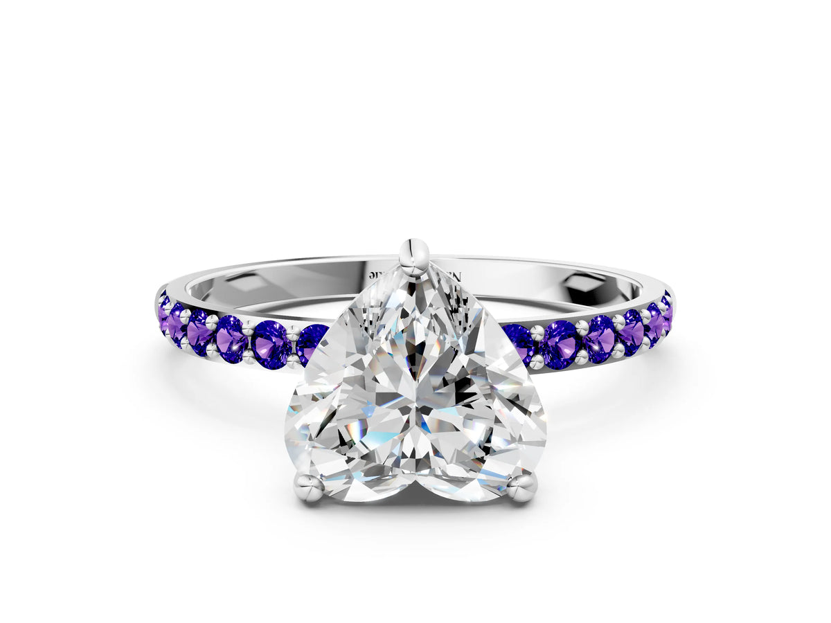 Platinum Heart Cut Diamond Solitaire Ring with Round Tanzanite Pavé Band and Prong Setting_12