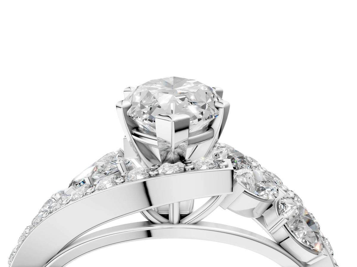 Platinum Marquise Cut Diamond Halo Ring with Marquise and Pavé Band in Prong Setting_10