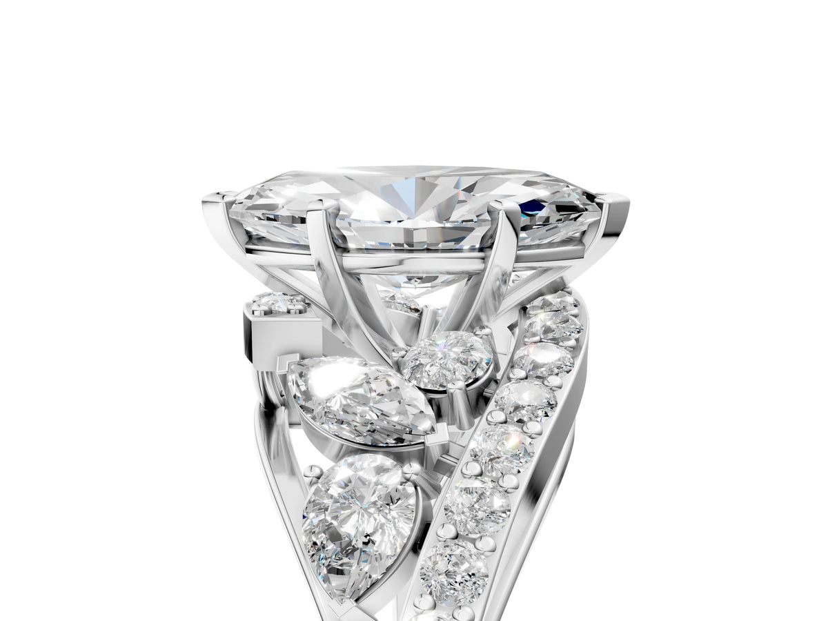 Platinum Marquise Cut Diamond Halo Ring with Marquise and Pavé Band in Prong Setting_11