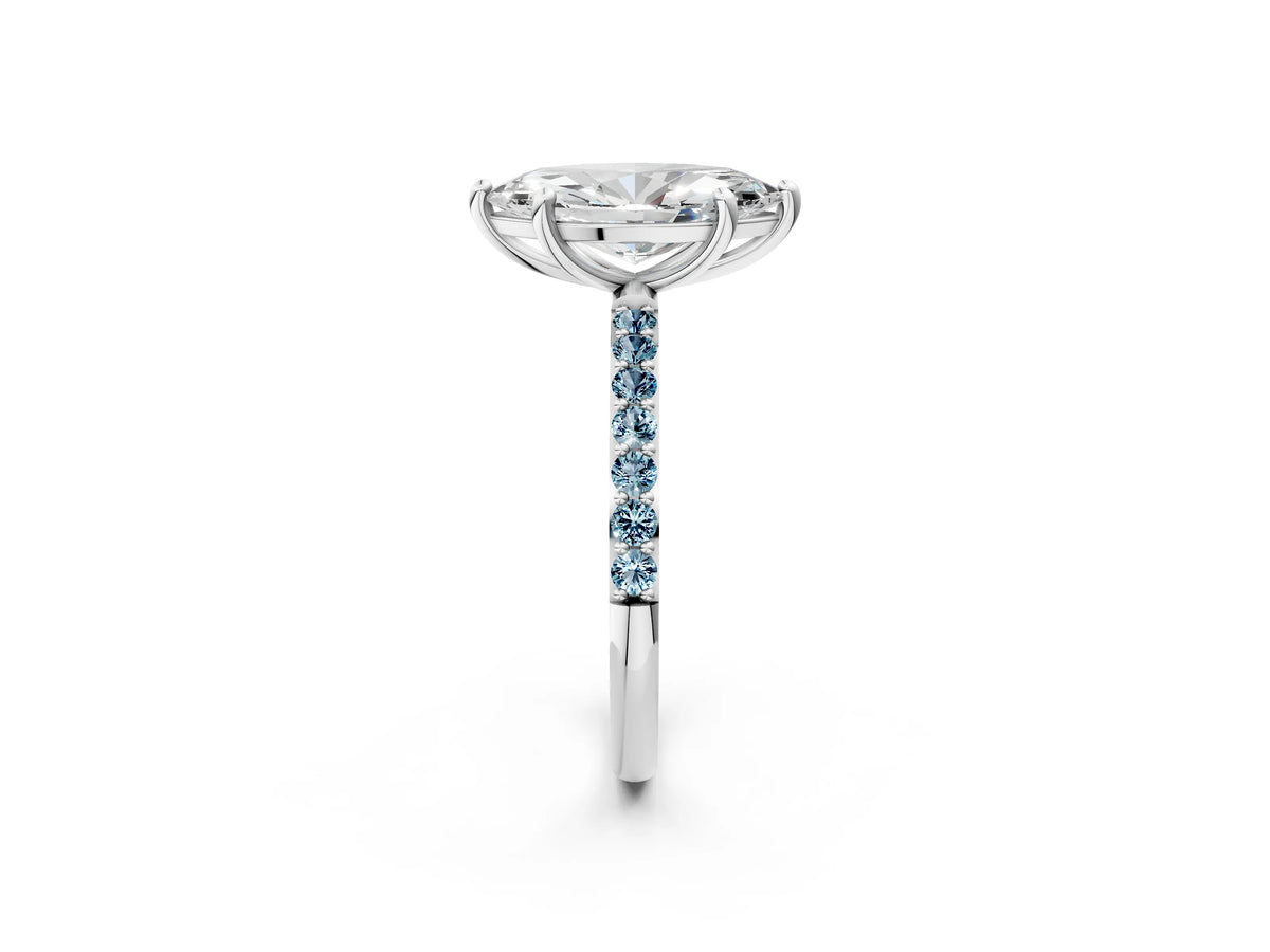 Platinum Marquise Cut Diamond Solitaire Ring with Round Aquamarine Pavé Band and Prong Setting_14