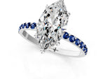 Platinum Marquise Cut Diamond Solitaire Ring with Round Blue Sapphire Pavé Band and Prong Setting_13
