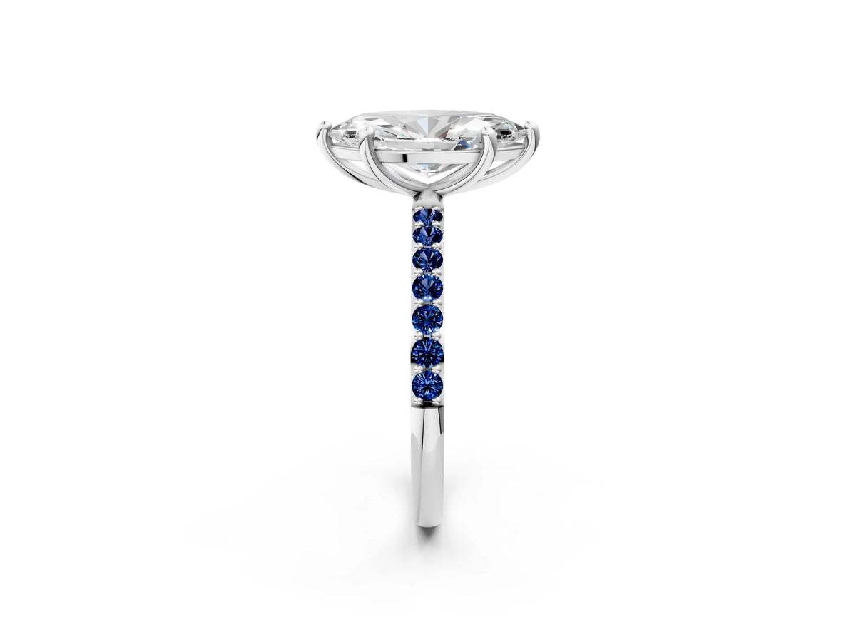 Platinum Marquise Cut Diamond Solitaire Ring with Round Blue Sapphire Pavé Band and Prong Setting_14