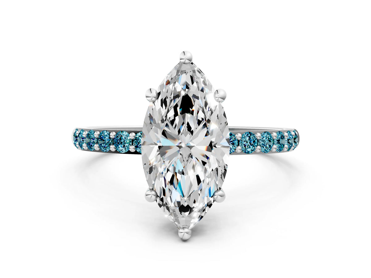 Platinum Marquise Cut Diamond Solitaire Ring with Round Blue Topaz Pavé Band and Prong Setting_12