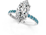 Platinum Marquise Cut Diamond Solitaire Ring with Round Blue Topaz Pavé Band and Prong Setting_13