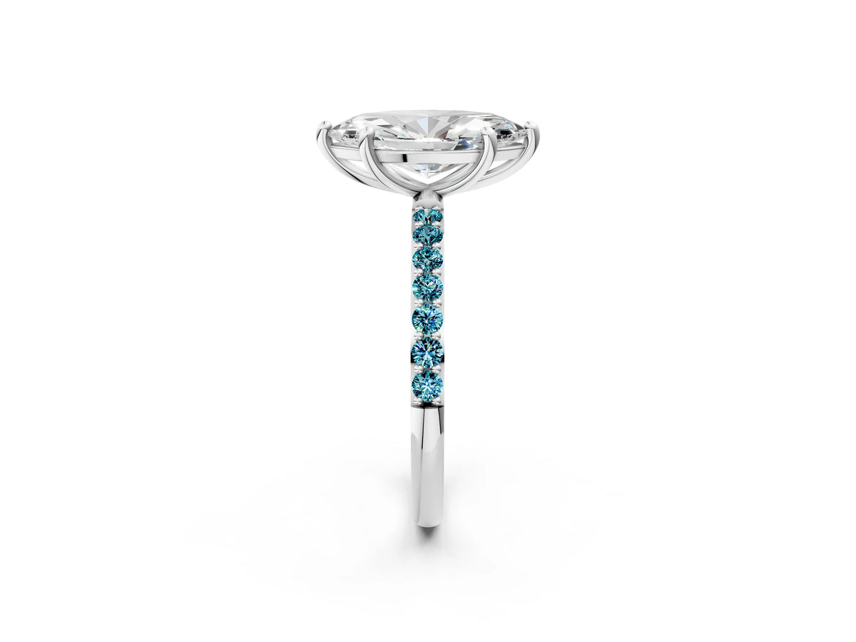 Platinum Marquise Cut Diamond Solitaire Ring with Round Blue Topaz Pavé Band and Prong Setting_14