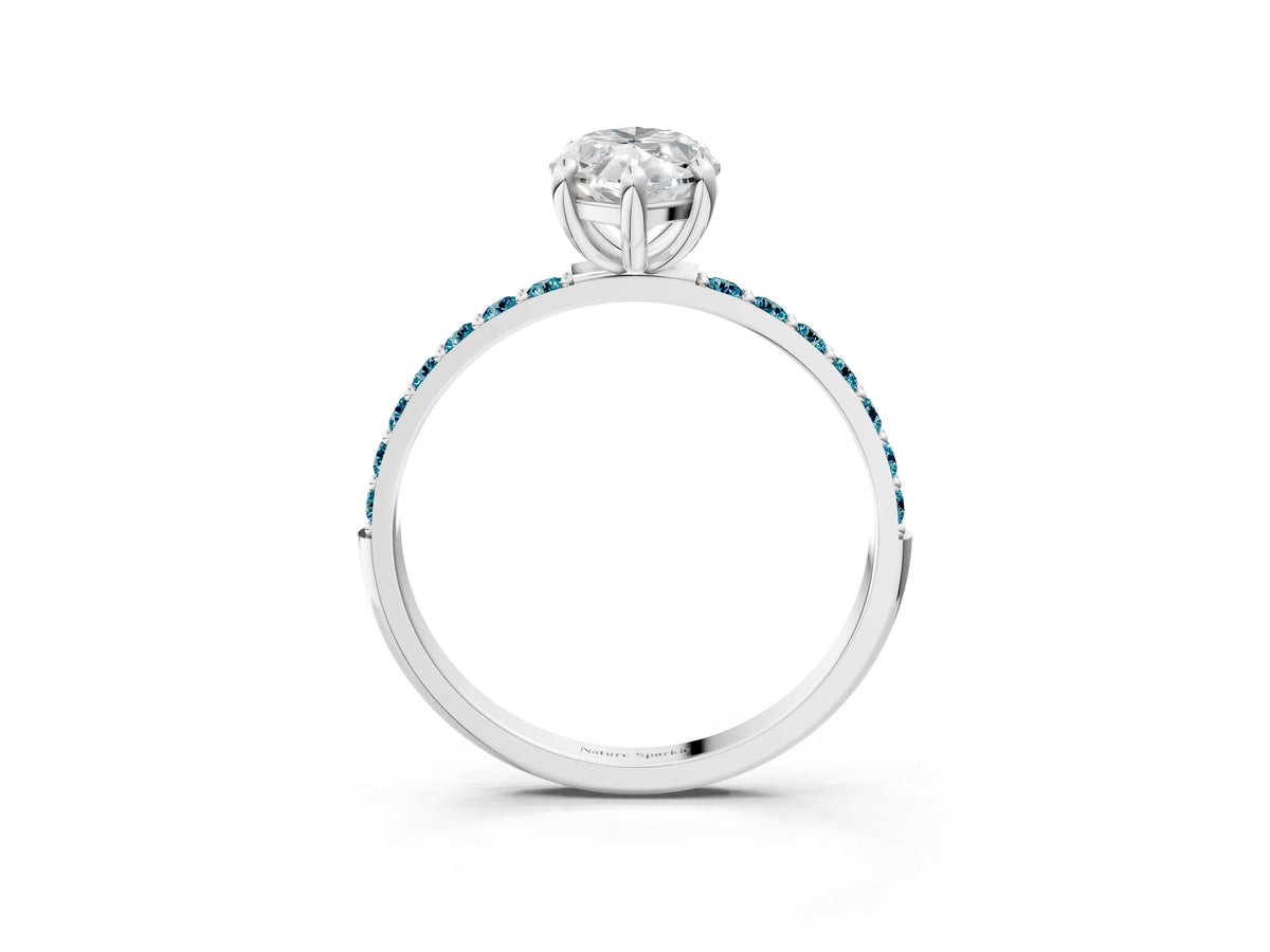 Platinum Marquise Cut Diamond Solitaire Ring with Round Blue Topaz Pavé Band and Prong Setting_15