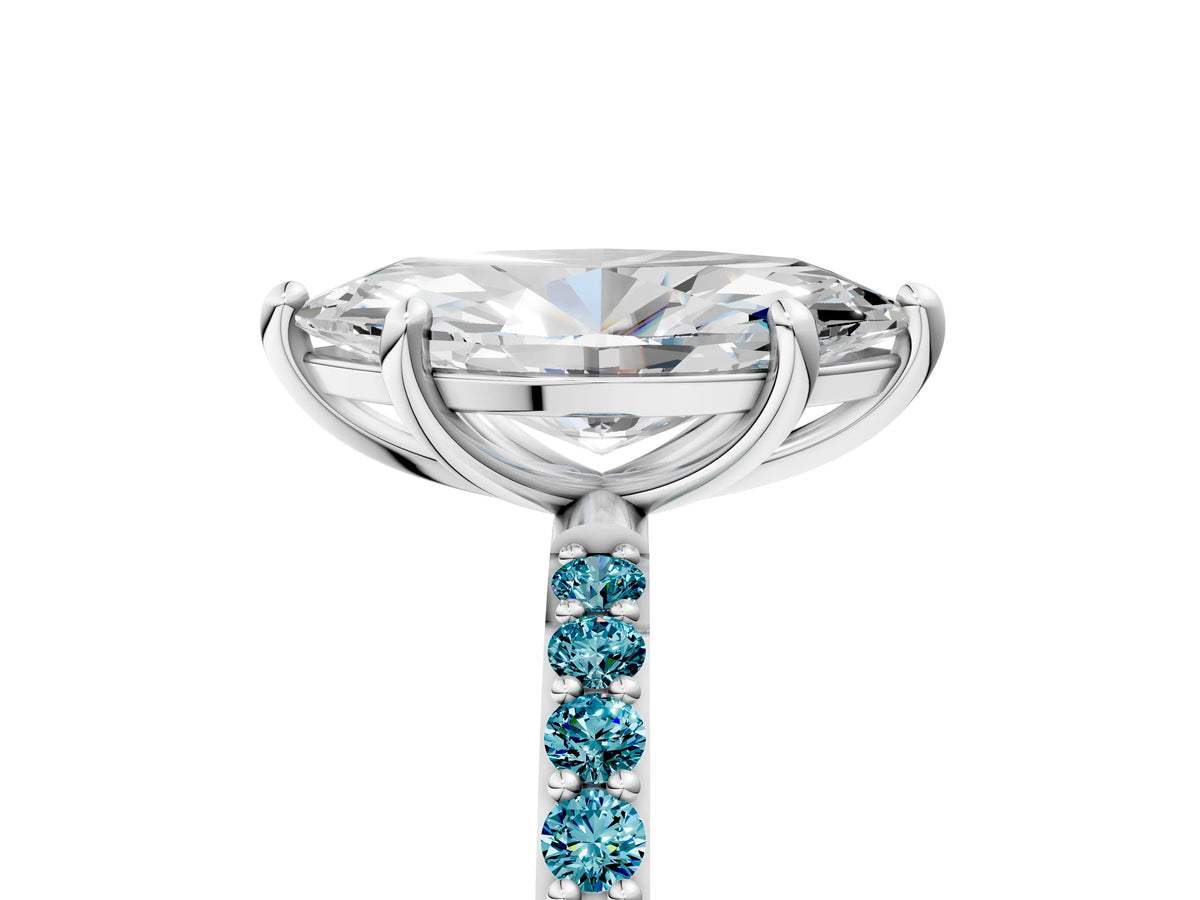 Platinum Marquise Cut Diamond Solitaire Ring with Round Blue Topaz Pavé Band and Prong Setting_17