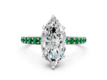 Platinum Marquise Cut Diamond Solitaire Ring with Round Emerald Pavé Band and Prong Setting_12