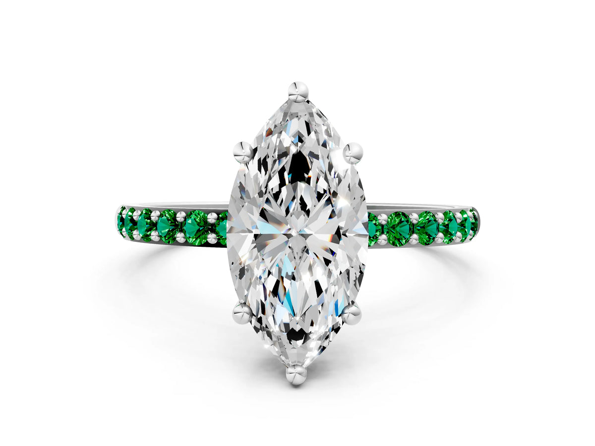 Platinum Marquise Cut Diamond Solitaire Ring with Round Emerald Pavé Band and Prong Setting_12