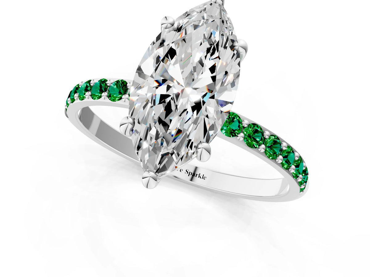 Platinum Marquise Cut Diamond Solitaire Ring with Round Emerald Pavé Band and Prong Setting_13