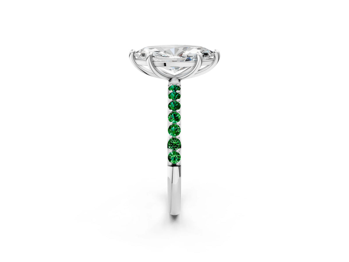 Platinum Marquise Cut Diamond Solitaire Ring with Round Emerald Pavé Band and Prong Setting_14