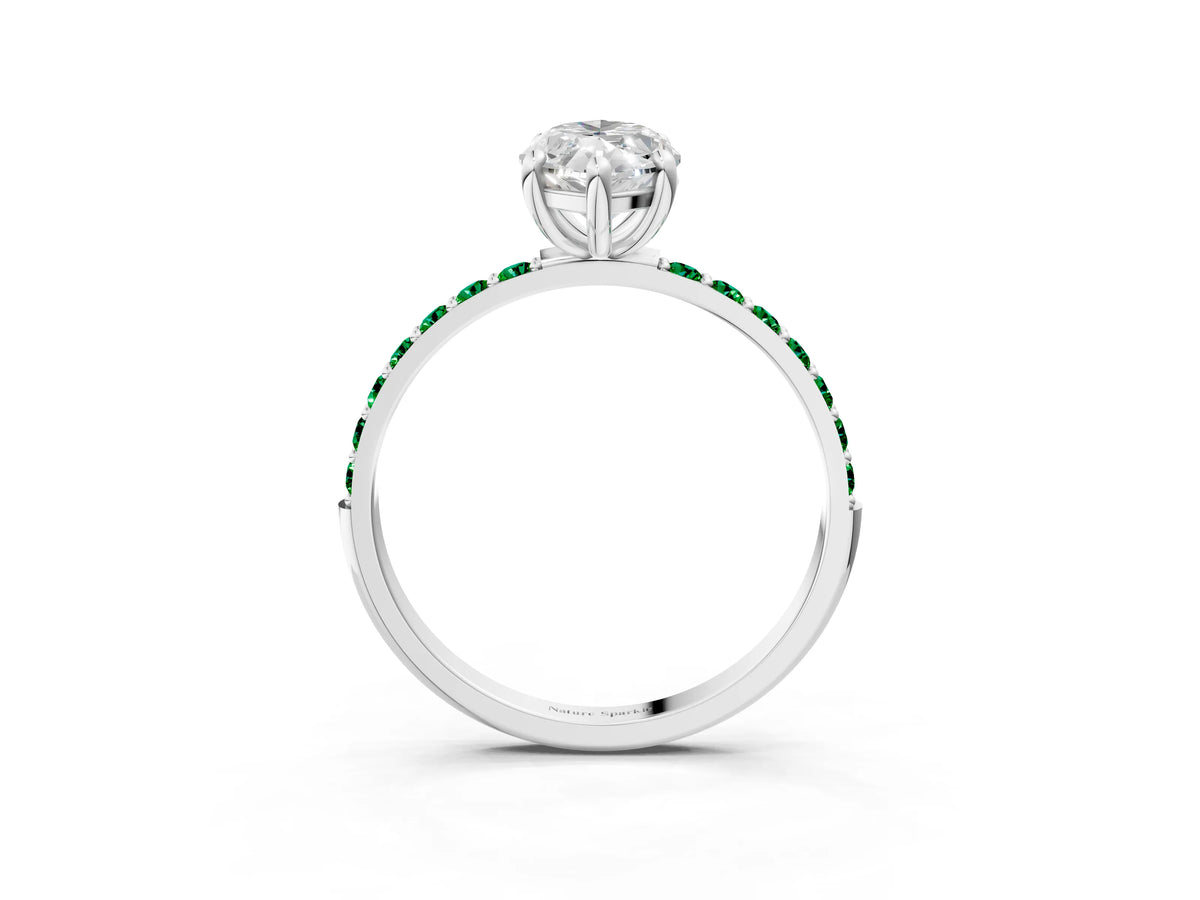 Platinum Marquise Cut Diamond Solitaire Ring with Round Emerald Pavé Band and Prong Setting_15