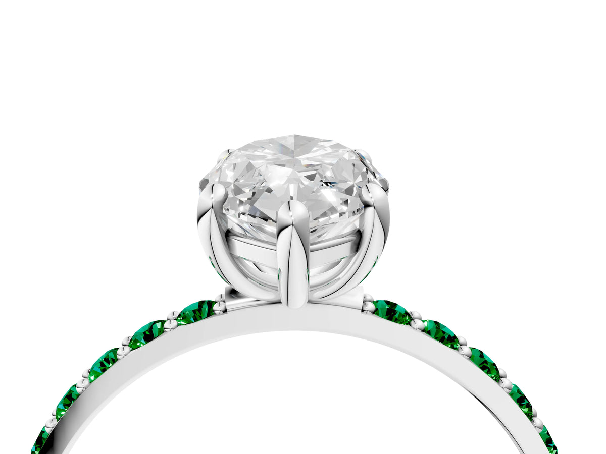 Platinum Marquise Cut Diamond Solitaire Ring with Round Emerald Pavé Band and Prong Setting_16