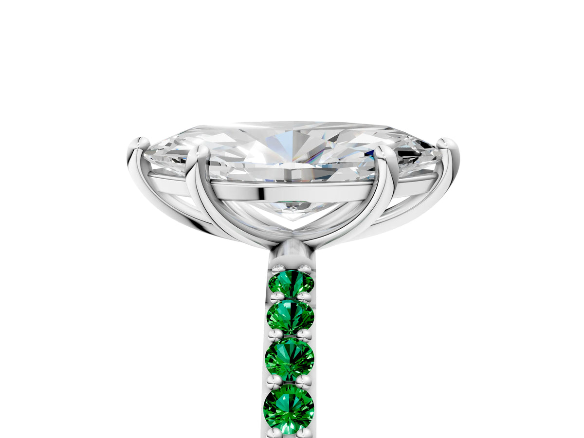 Platinum Marquise Cut Diamond Solitaire Ring with Round Emerald Pavé Band and Prong Setting_17