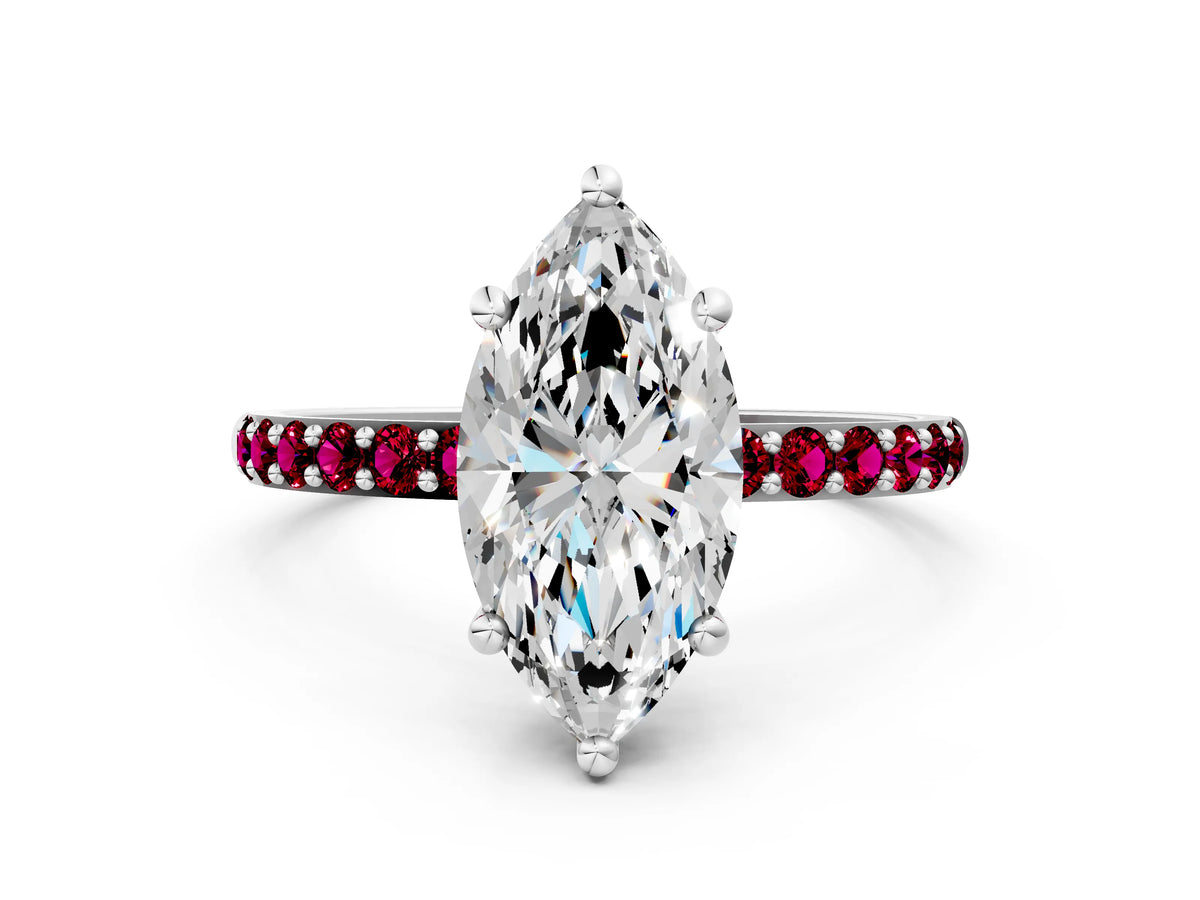 Platinum Marquise Cut Diamond Solitaire Ring with Round Garnet Pavé Band and Prong Setting_12