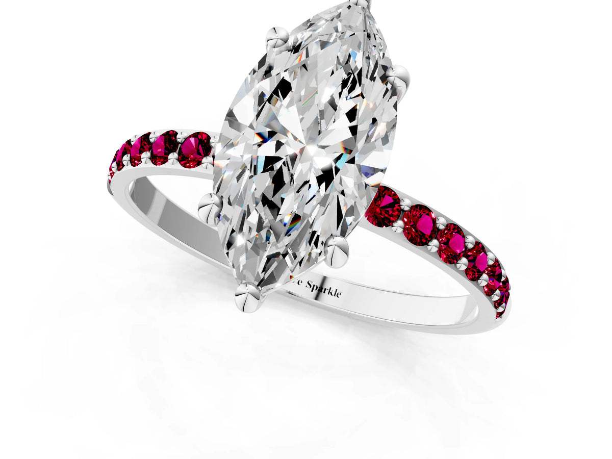 Platinum Marquise Cut Diamond Solitaire Ring with Round Garnet Pavé Band and Prong Setting_13