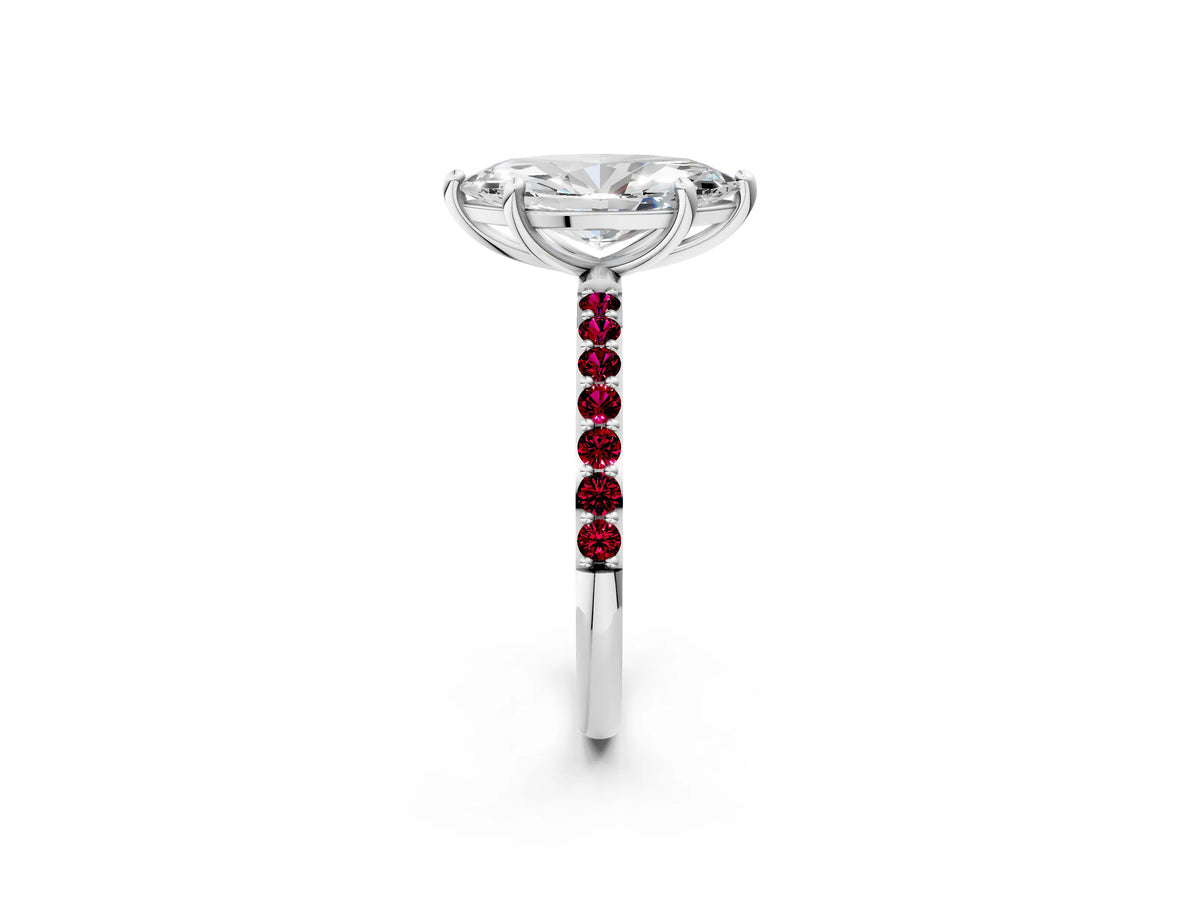 Platinum Marquise Cut Diamond Solitaire Ring with Round Garnet Pavé Band and Prong Setting_14