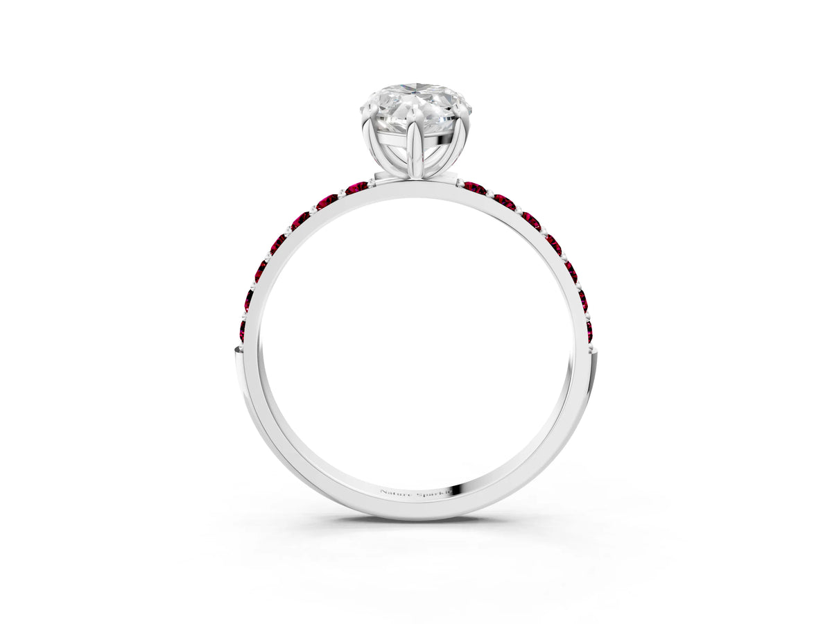 Platinum Marquise Cut Diamond Solitaire Ring with Round Garnet Pavé Band and Prong Setting_15