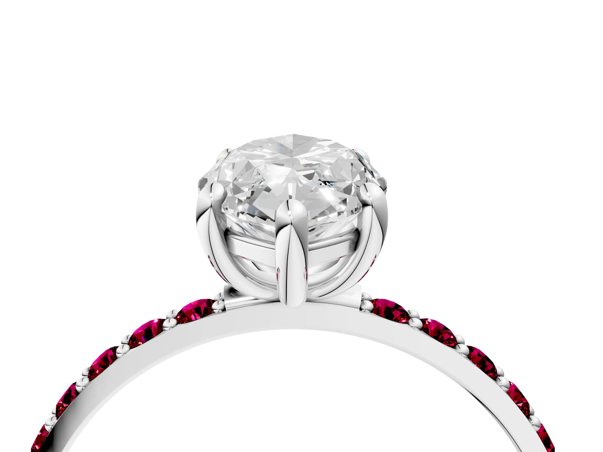 Platinum Marquise Cut Diamond Solitaire Ring with Round Garnet Pavé Band and Prong Setting_16
