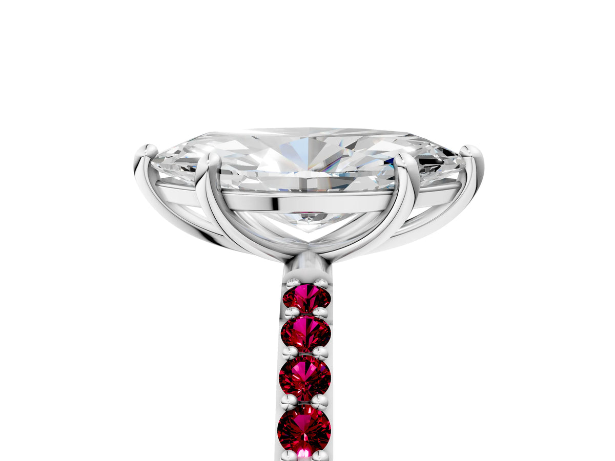Platinum Marquise Cut Diamond Solitaire Ring with Round Garnet Pavé Band and Prong Setting_17