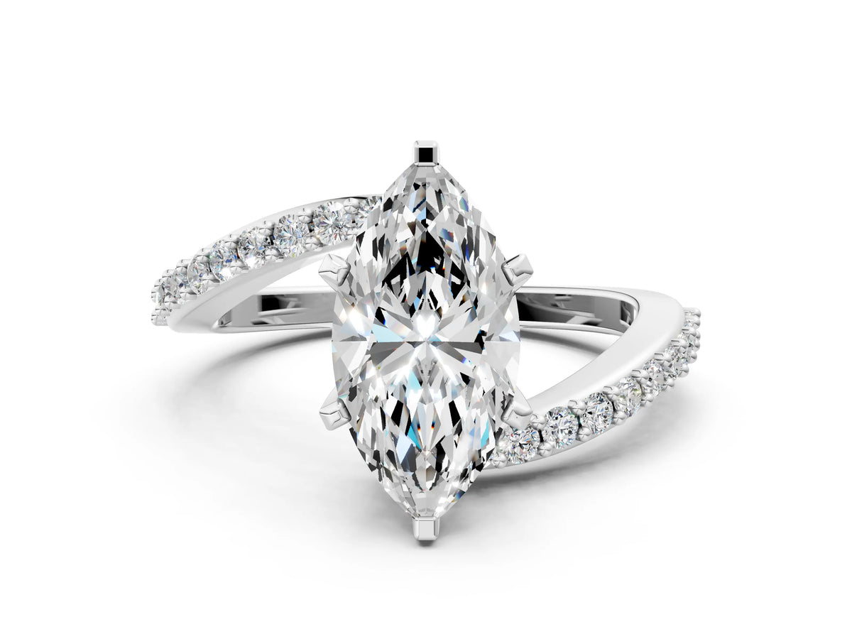 Platinum Marquise Cut Solitaire Twist Band with Pave Set Diamonds and Four-Prong Setting_6