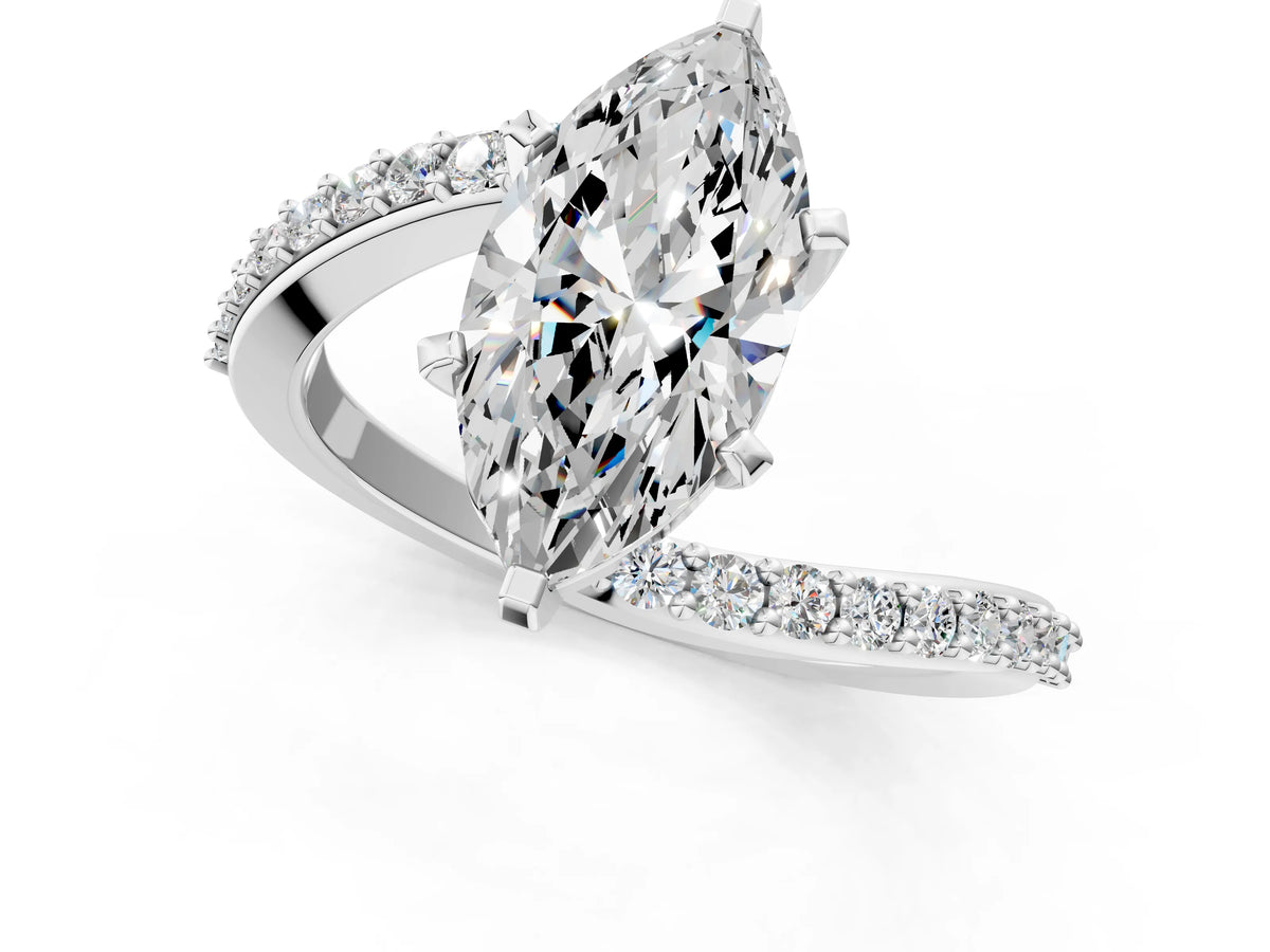 Platinum Marquise Cut Solitaire Twist Band with Pave Set Diamonds and Four-Prong Setting_7
