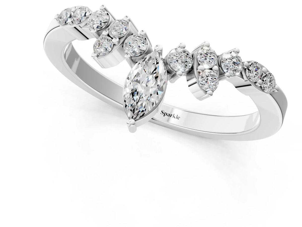 Platinum Marquise and Round Diamond Chevron Band with Prong Setting_13
