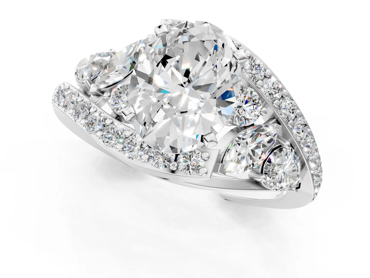 Platinum Oval Cut Diamond Halo Ring with Marquise and Pavé Band in Prong Setting_13