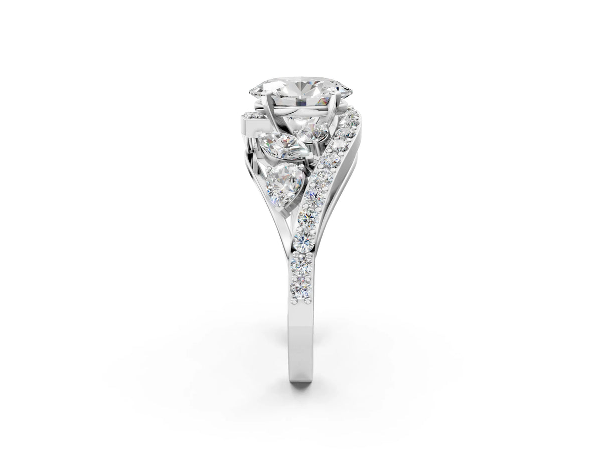 Platinum Oval Cut Diamond Halo Ring with Marquise and Pavé Band in Prong Setting_14