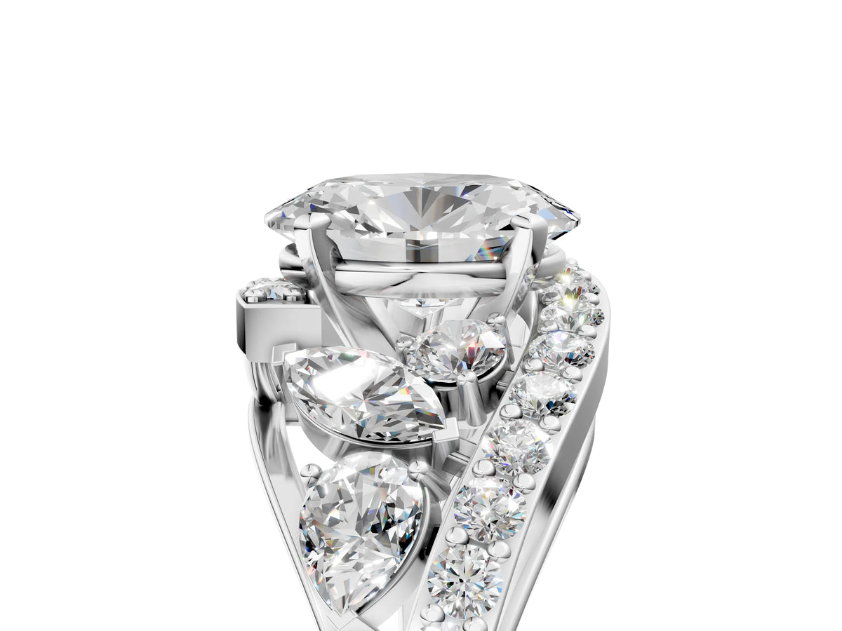 Platinum Oval Cut Diamond Halo Ring with Marquise and Pavé Band in Prong Setting_17