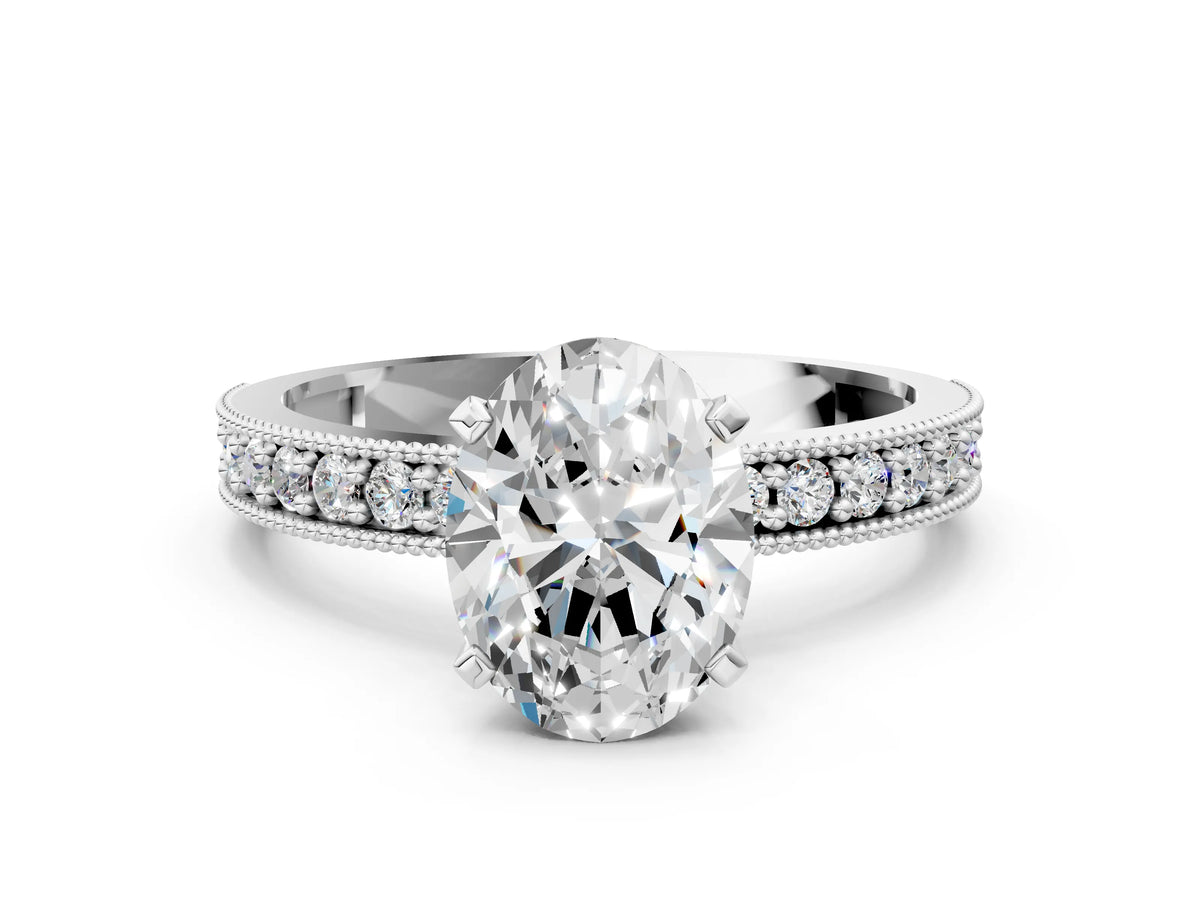 Platinum Oval Cut Diamond Milgrain Pavé Engagement Ring with Four-Prong Setting_6
