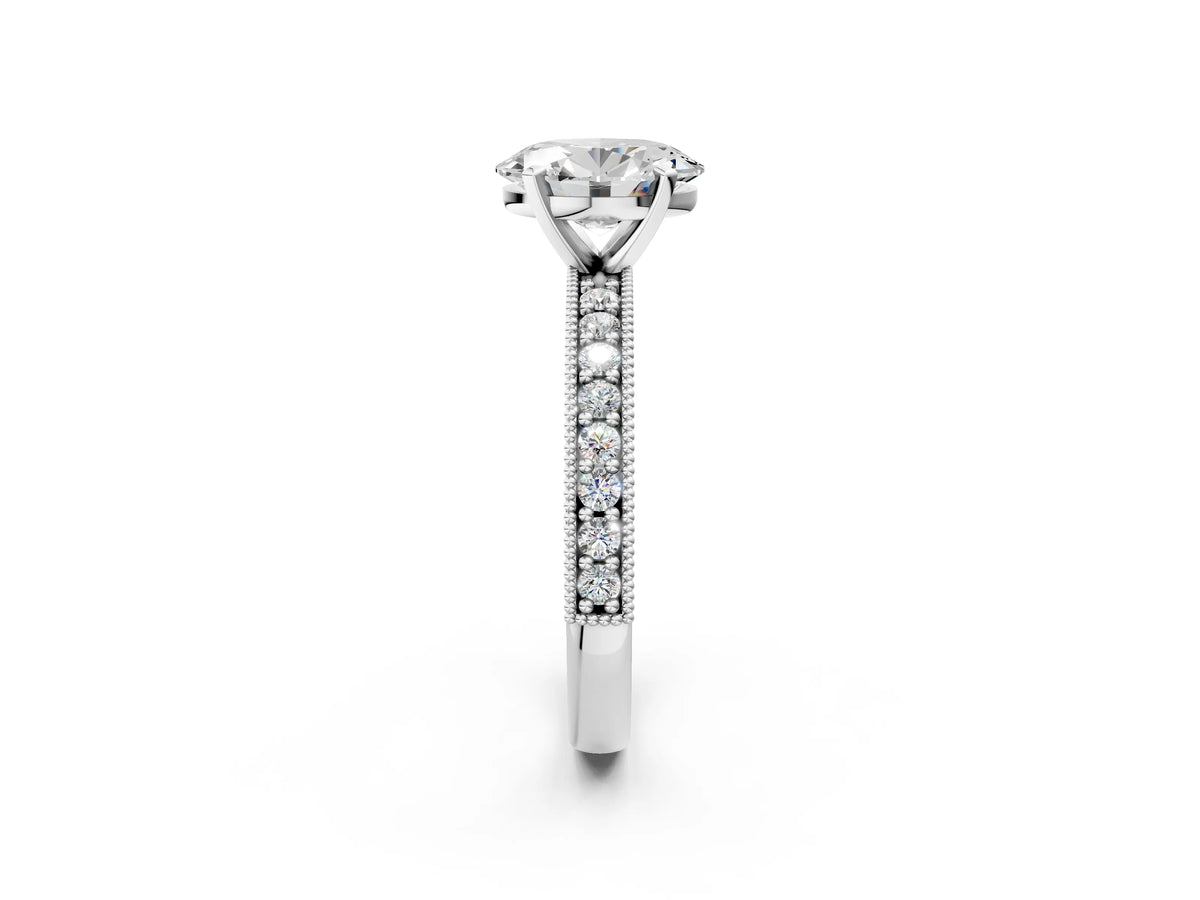 Platinum Oval Cut Diamond Milgrain Pavé Engagement Ring with Four-Prong Setting_8
