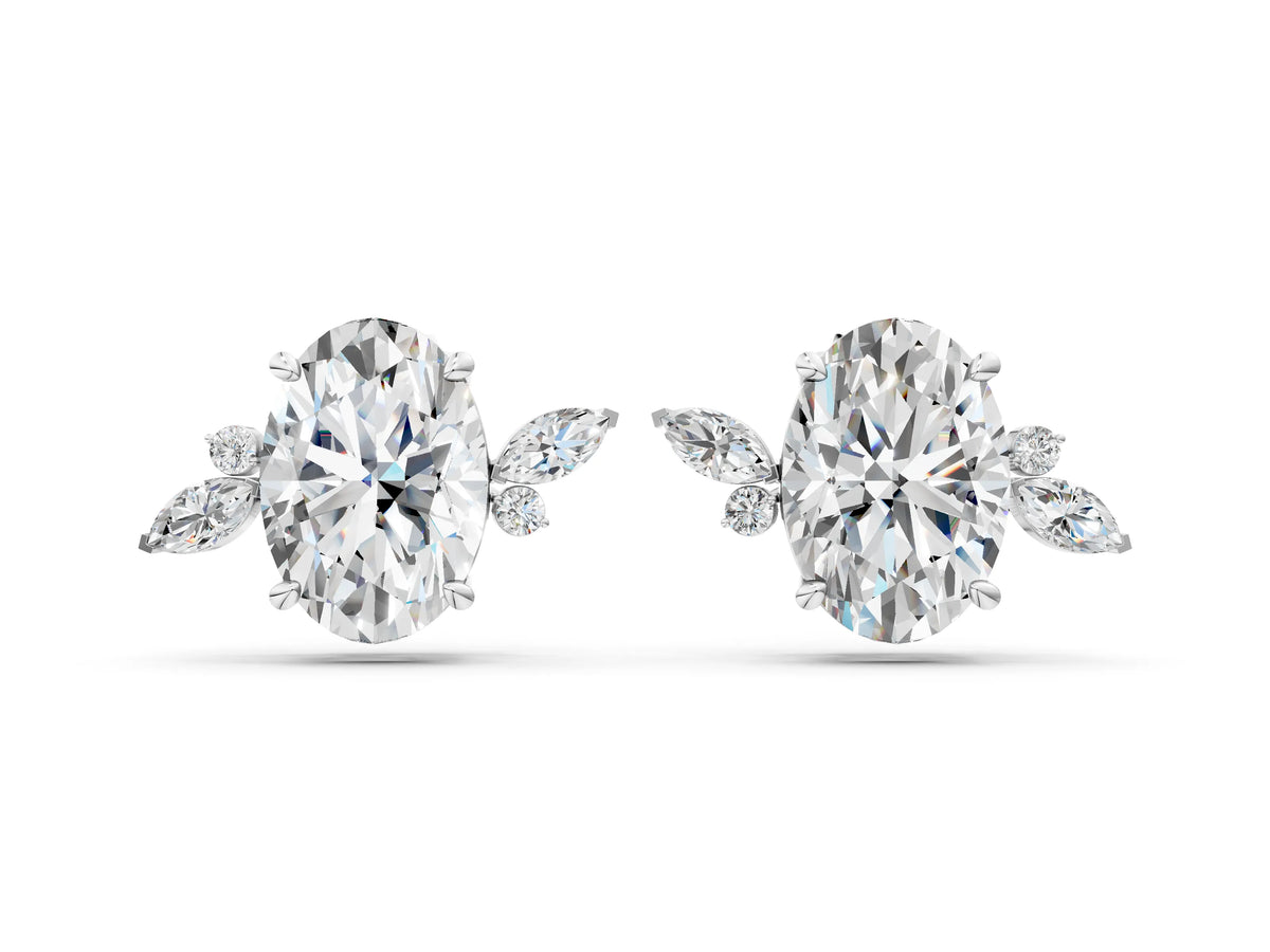 Platinum Oval Cut Diamond Nature-Inspired Stud Earrings with Marquise and Round Accents_4