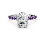 Platinum Oval Cut Diamond Solitaire Ring with Round Amethyst Pavé Band and Prong Setting_12
